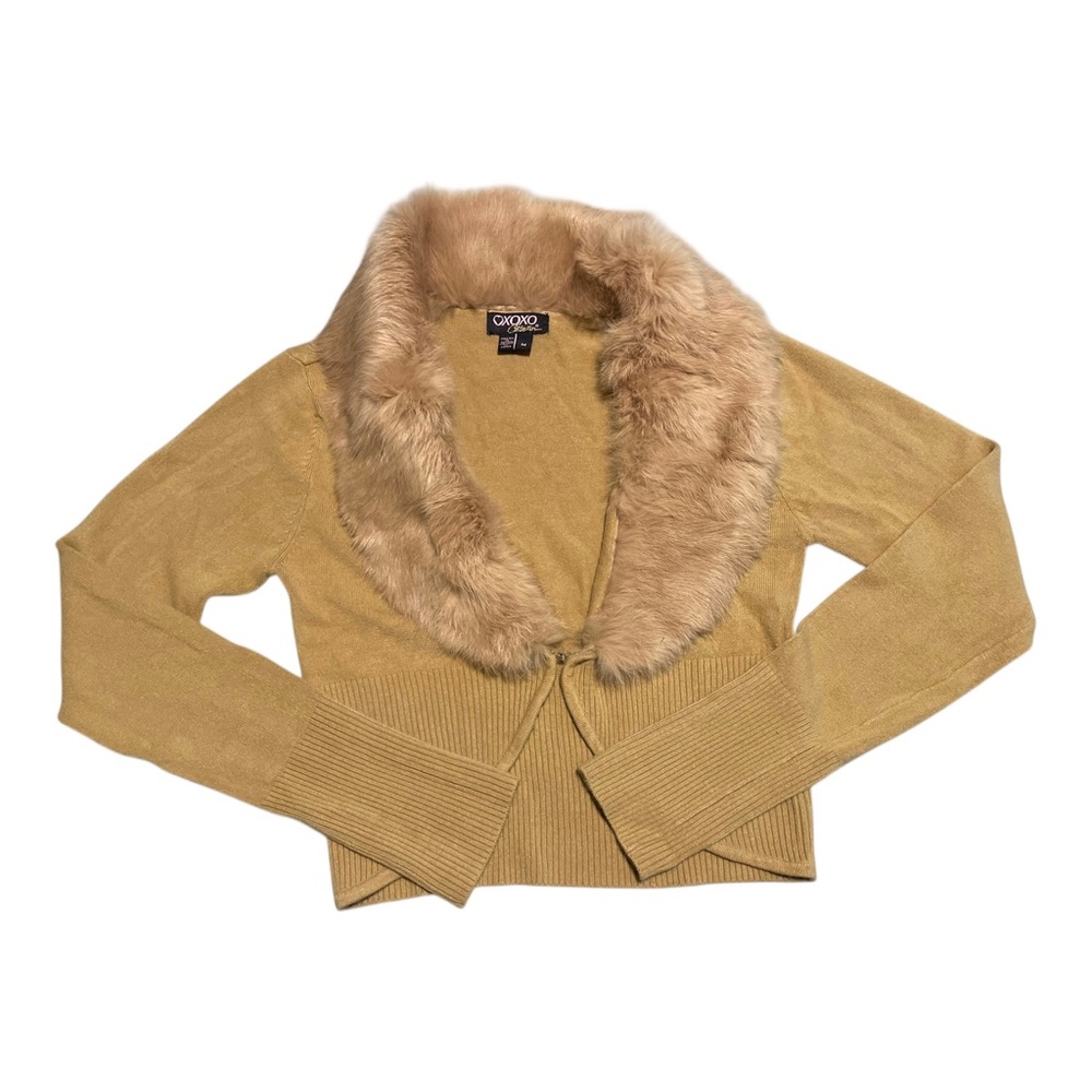 XOXO Collection Brown Rabbit Fur Trim Crop Ribbed Cardigan Sweater Y2K Sz Medium - Picture 12 of 12